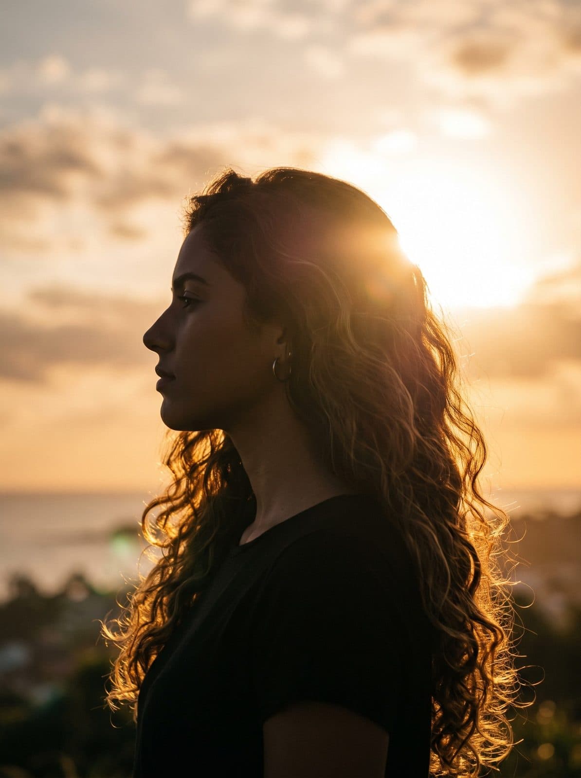 Perfil de mulher em contraluz, com o sol atrás do cabelo